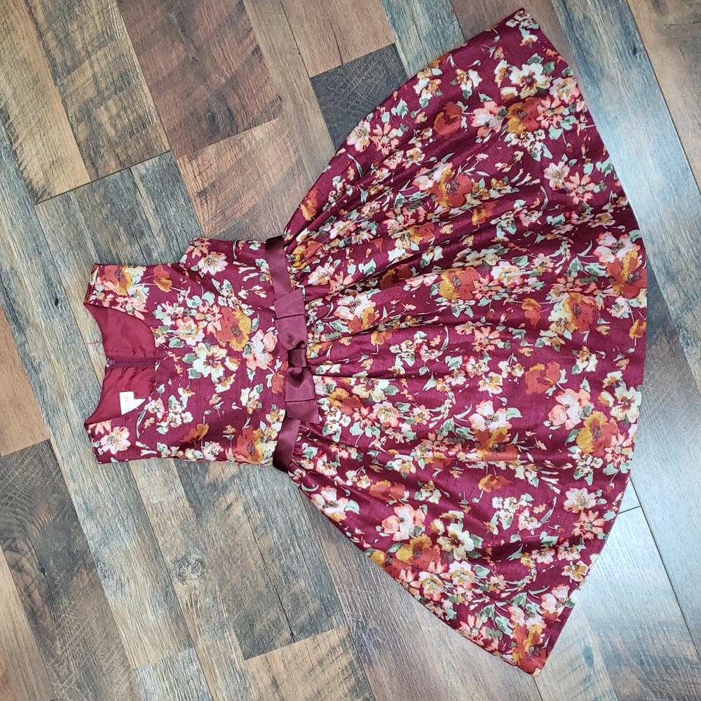 Bonnie Jean Burgundy Orange Floral Print Sleeveless Formal Dress, Size 7